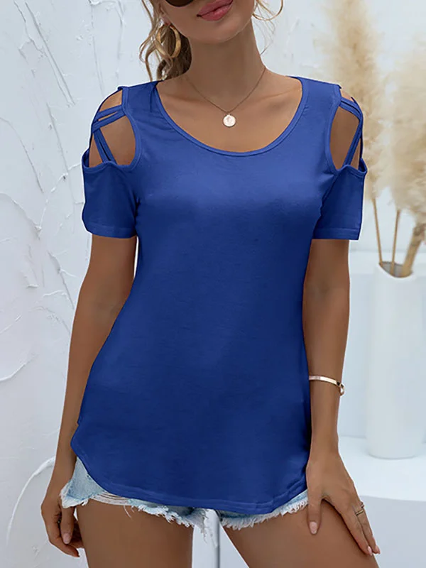 Original Creation Short Sleeves Hollow Solid Color Round-Neck T-Shirts Tops