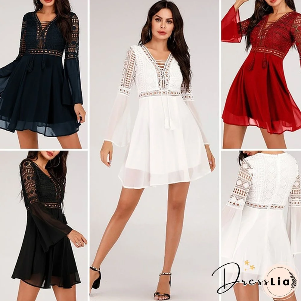 Hollow Out White Dress Sexy Women Mini Chiffon Dress Criss Cross Semi-sheer Plunge V-Neck Long Sleeve Crochet Lace Dress Black