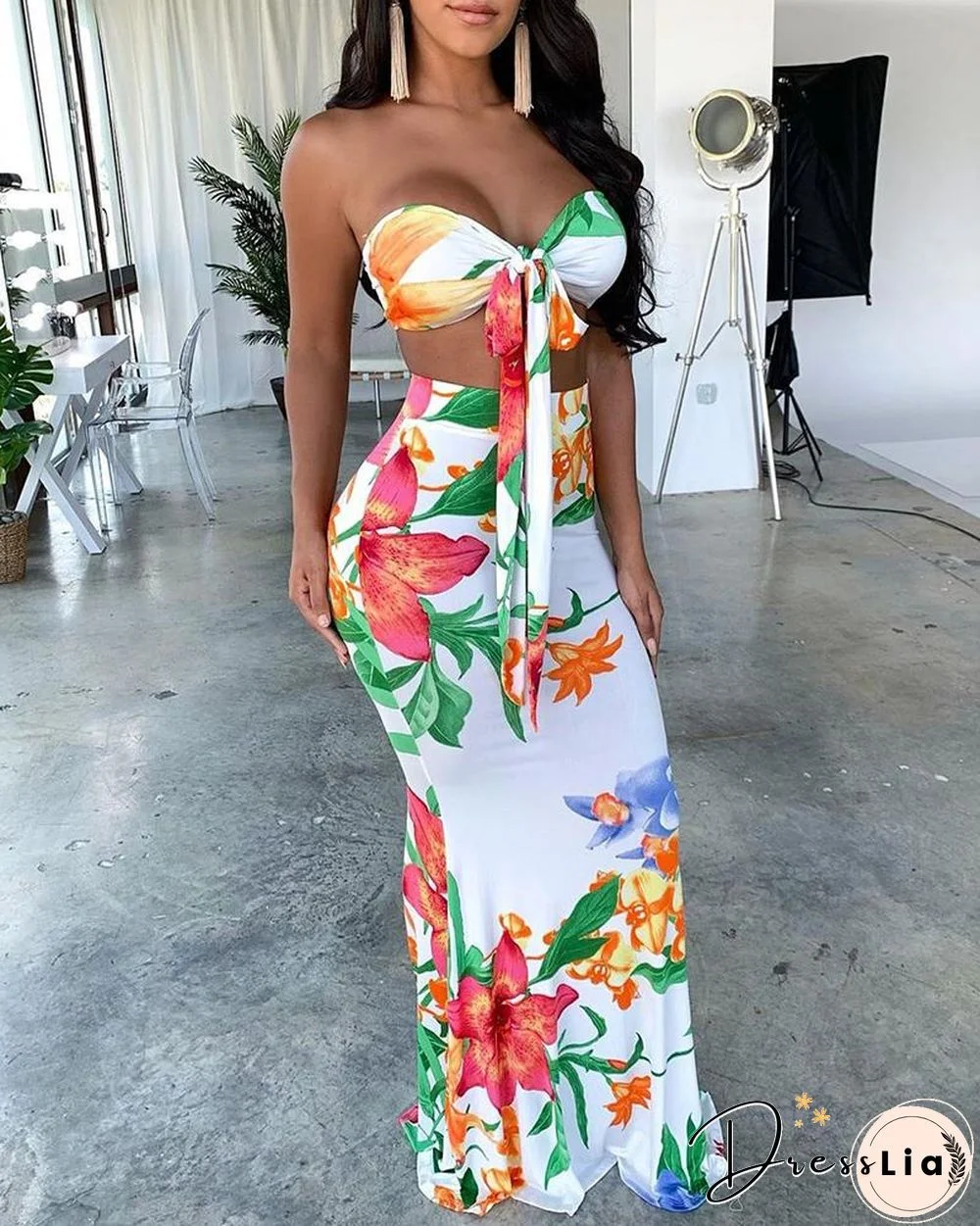 Floral Print Tube Knotted Top & Maxi Skirt Sets