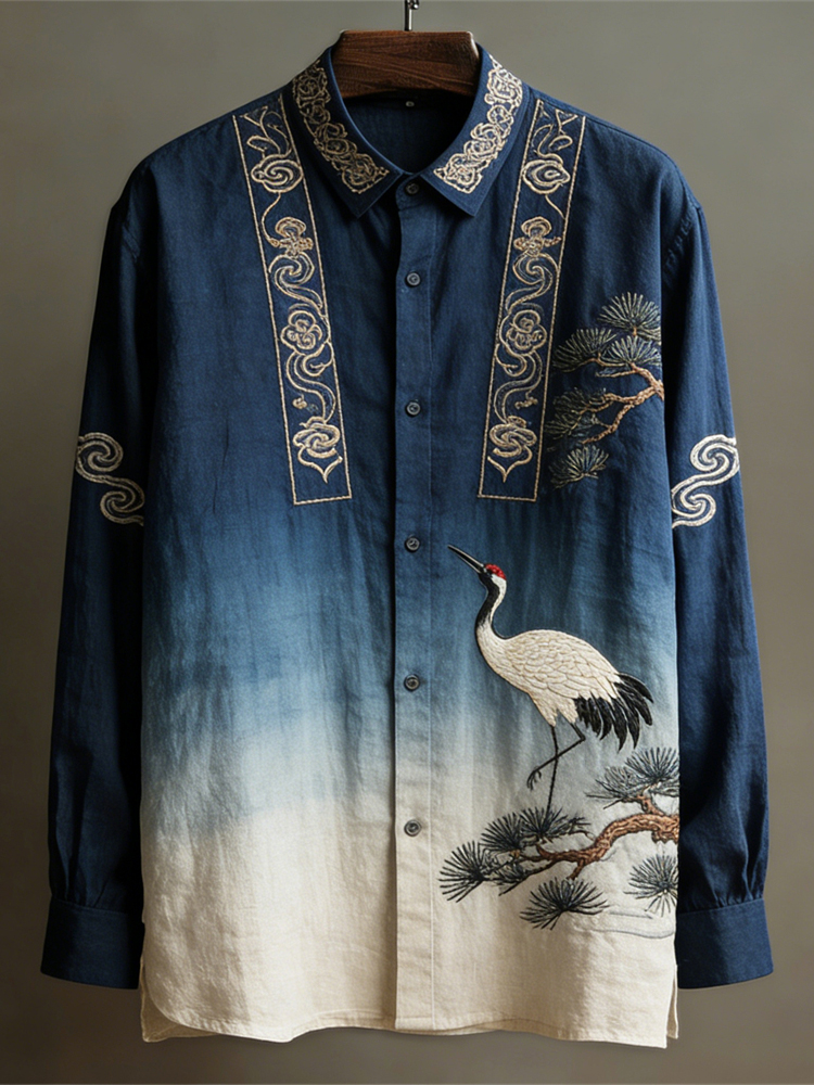 Japanese Crane Vintage Men's Linen Long Sleeve Shirt  artssus