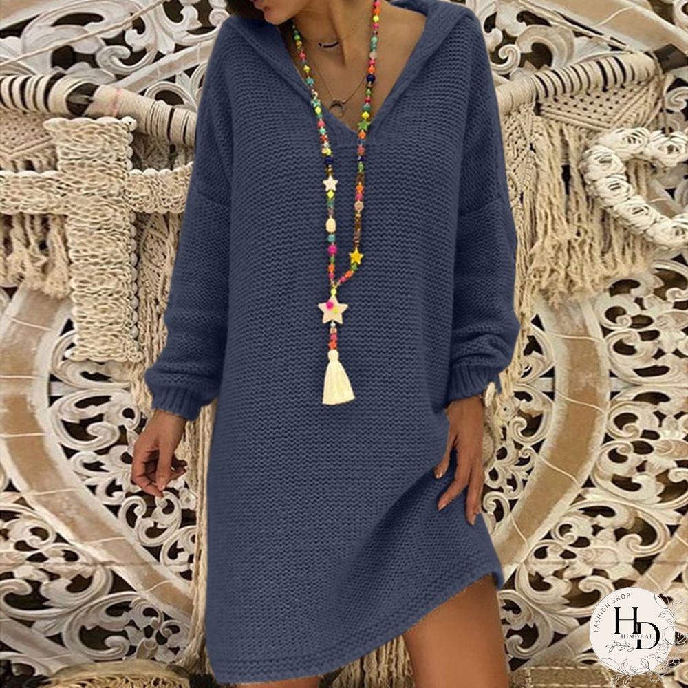 5 Color Autumn New Women Fashion Casual Style Long Sleeve Knitted Sweater Solid Color Knitted Dress Long Hooded Pullovers Sweater Plus Size