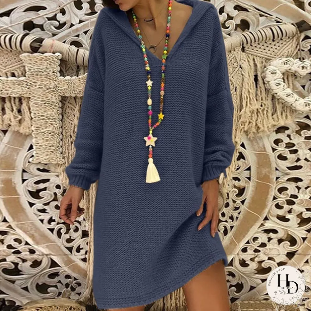 5 Color Autumn New Women Fashion Casual Style Long Sleeve Knitted Sweater Solid Color Knitted Dress Long Hooded Pullovers Sweater Plus Size