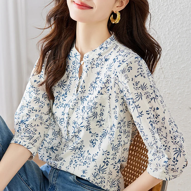 Women's Little Floral Blouse Crew Neck Single Breasted Shirts 100%Cotton