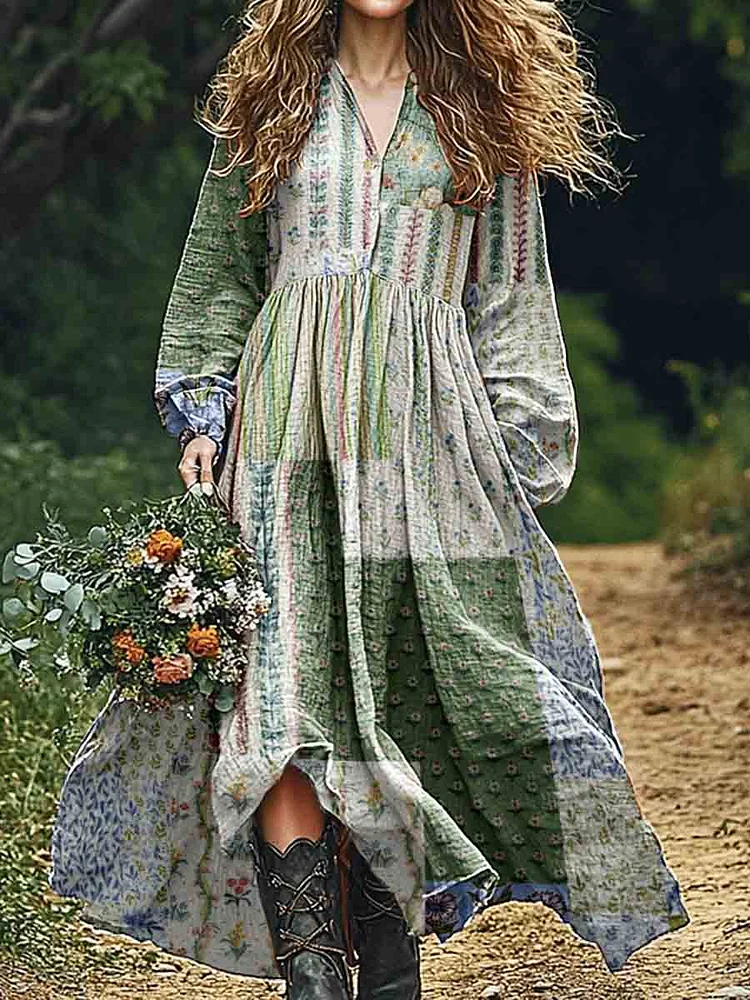 Womens Geometric  Vintage Art  Floral Pattern Cotton And Linen Dress