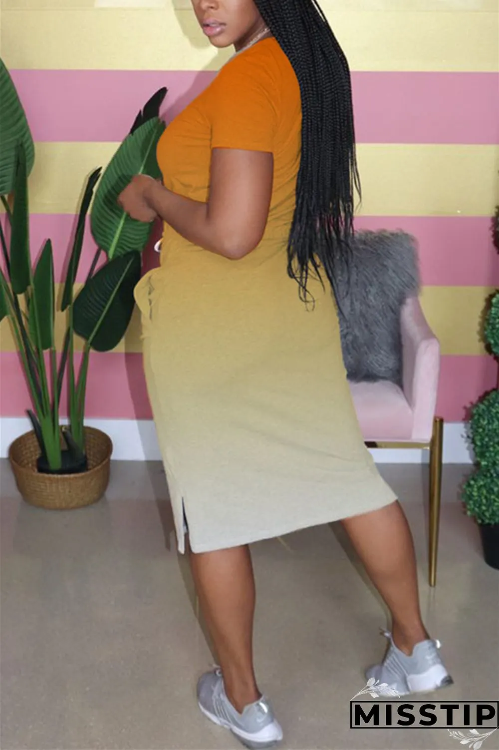 Orange Fashion Gradient Printed Short Sleeve Dress