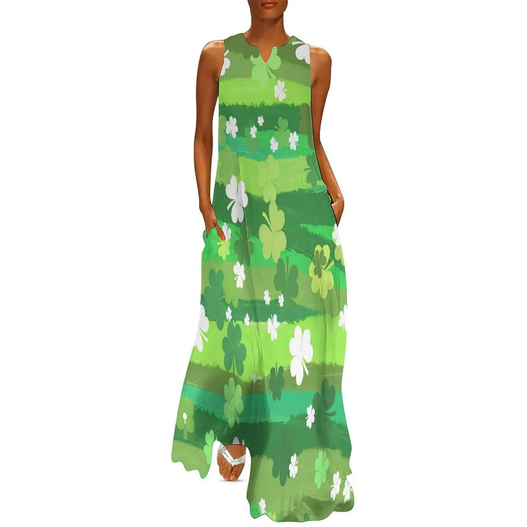 Style & Comfort for Mature Women Plus Size Printed Sleeveless Casual Women Maxi Dress with Pockets in Pattern St. Patrick's Day, Green, Clover, Lucky