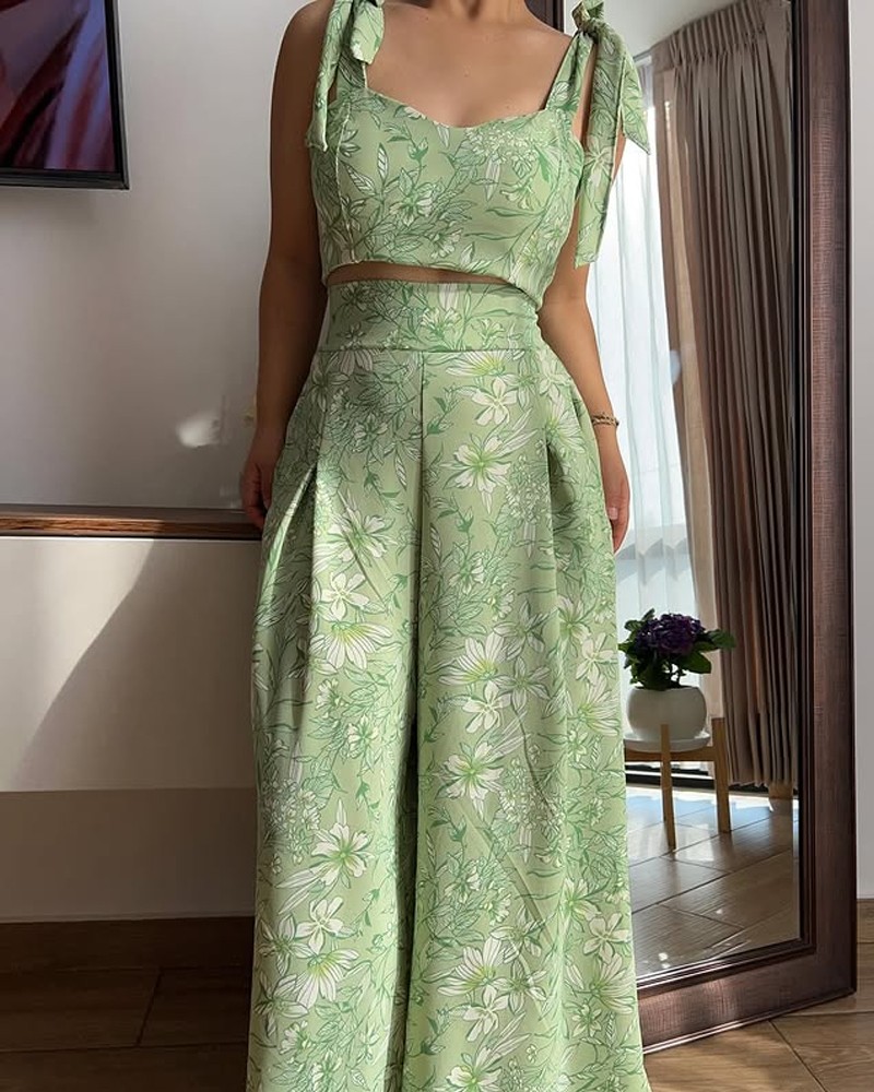 Casual Printed Lace-Up Top & Pants Two-Piece Set