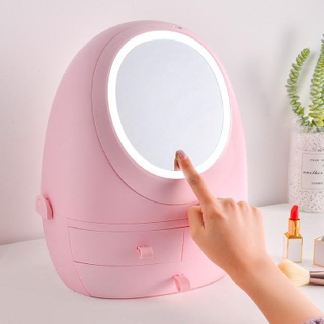 USB Rechargeable Smart LED Light HD Mirror Makeup Storage Box Cosmetic Organizer Case