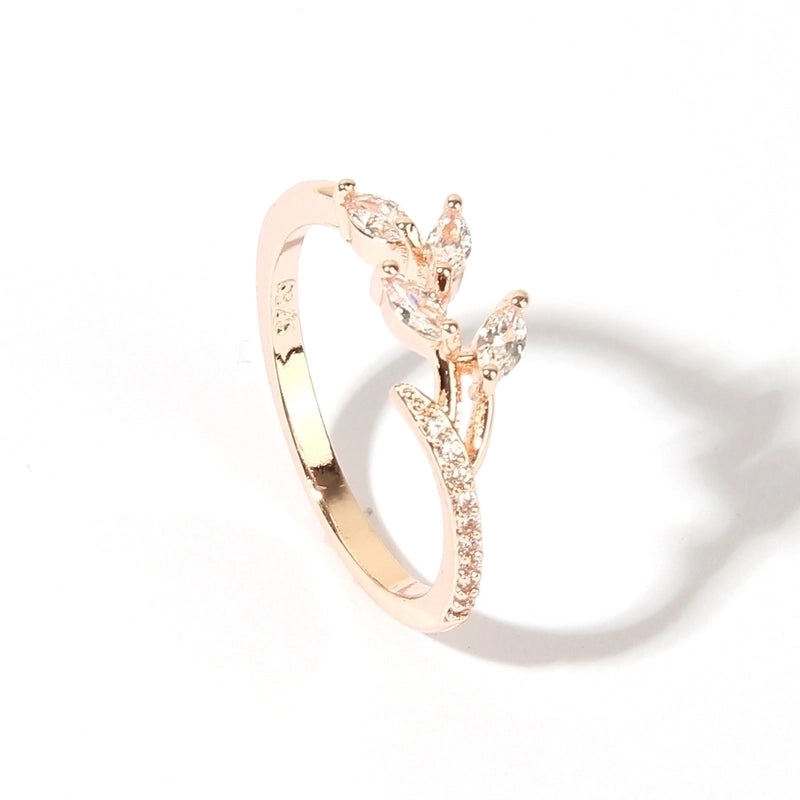 Elegant Shiny Leaves Copper Transparent Inlay Rose Gold Plated Zircon Rings