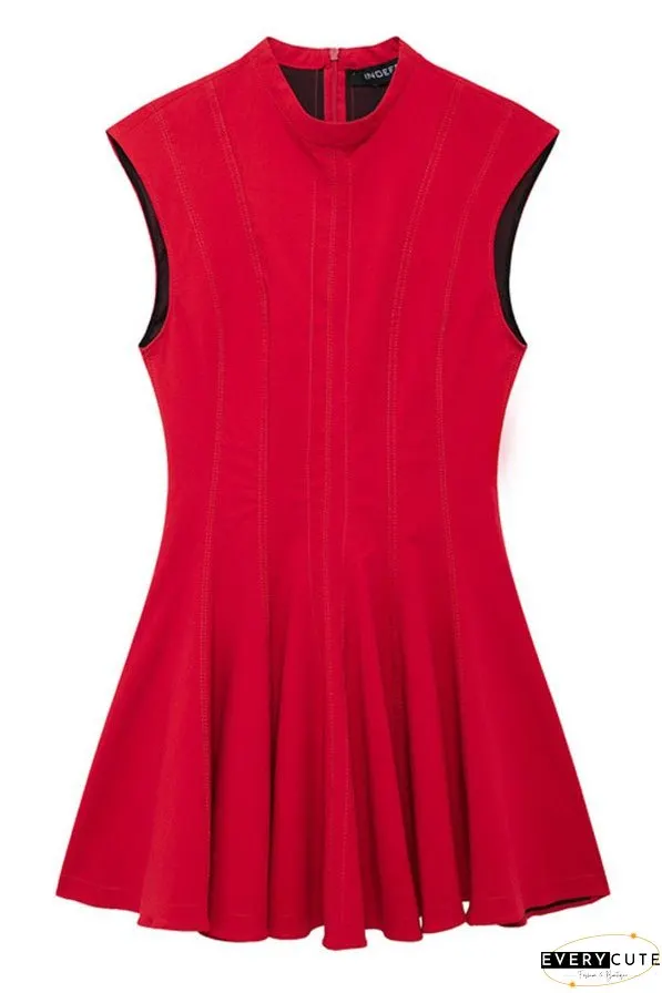 Solid Color Round Neck Sleeveless Waist Mini Dress