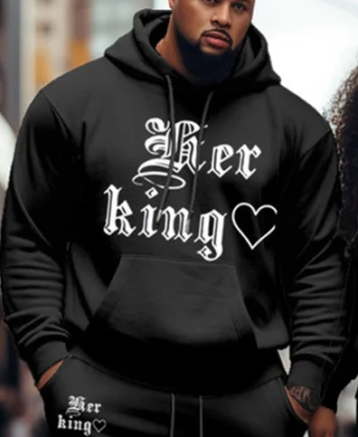 Couple Large Size Color Block Casual Couple Outfit Her King His Queen Hoodie Set
