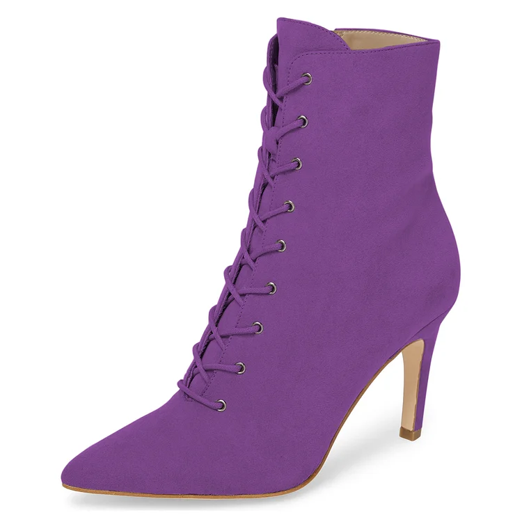 Purple Lace up Boots Elegant Pointed Toe Ankle Boots with Zipper |FSJ Shoes