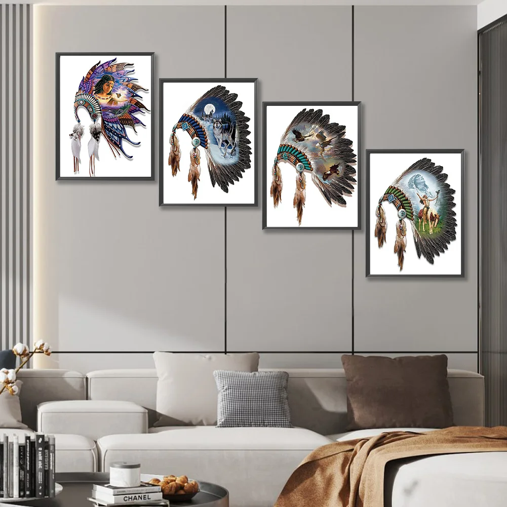 4pcs/Set Diamond Painting - Full Round Drill - Indian Headdress(Canvas|30*40cm)