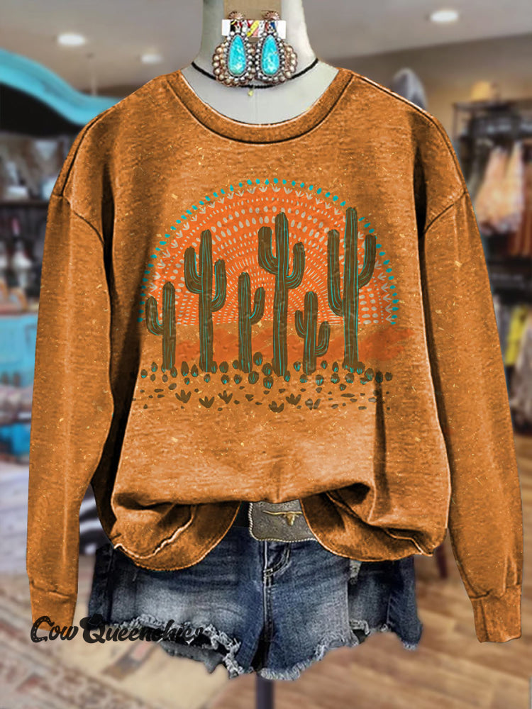 Wild West Cactus Vintage Print Crew Neck Sweatshirt Orange / S