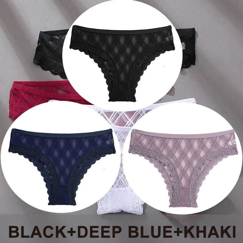 FINETOO 3PCS/Set Women's Panties Sexy Lace Lingerie Temptation Underwear Briefs Pespective Woman Thongs Mesh Underpants Female