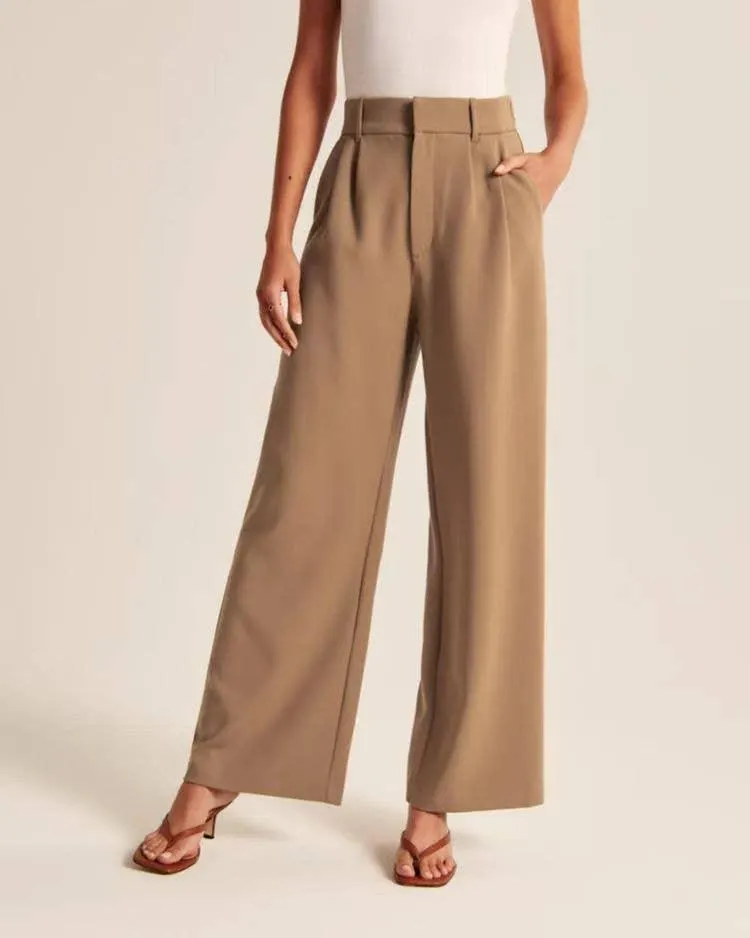 SWEETKAMA Ladies Solid Color High Waist Straight Leg Pants