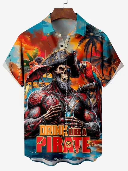 Drink Like a Pirate Captain Hawaiian Chest Pocket Short Sleeve Shirt PLUSCLOTHESMAN