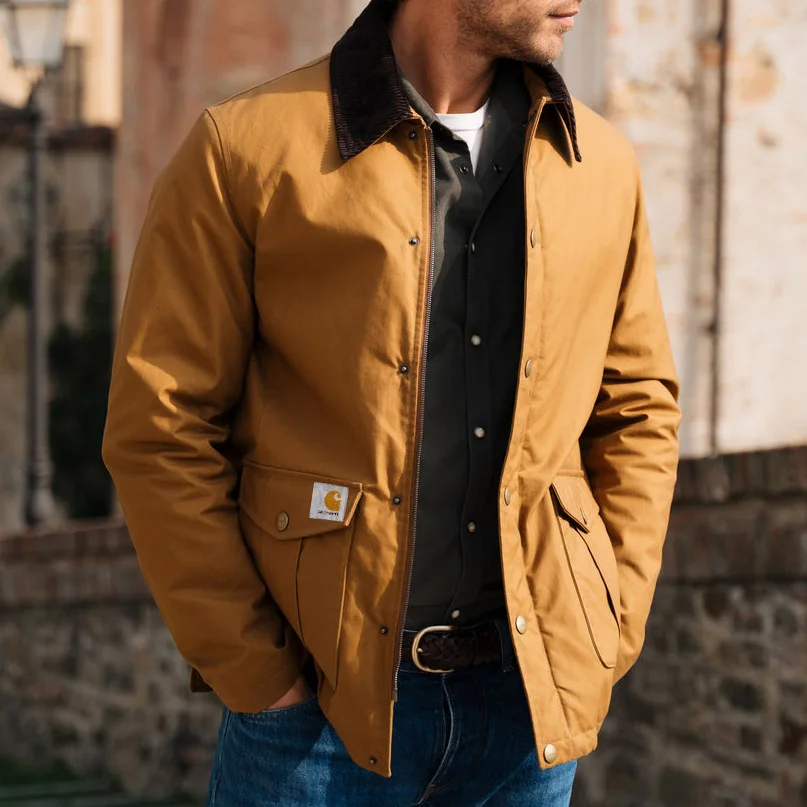 Men's Jacket Vintage Pocket Lapel Corduroy Collar Outdoor Canvas Coat、、URBENIE