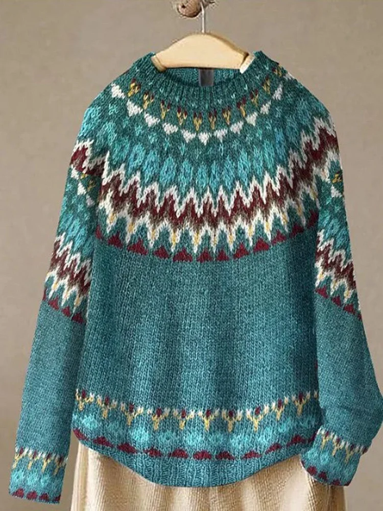 Retro Art Print Casual Pullover Sweater
