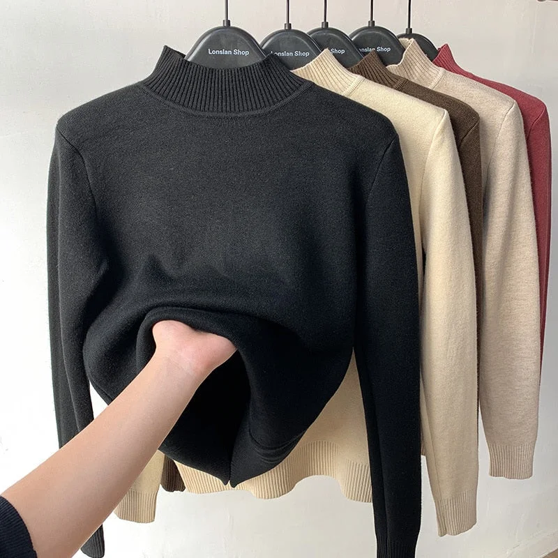 Vintage Turtleneck Winter Sweater Casual Knitted Pullovers Fashion Clothes Simple Fleece Lined Warm Knitwear Woman 2021 Base Top