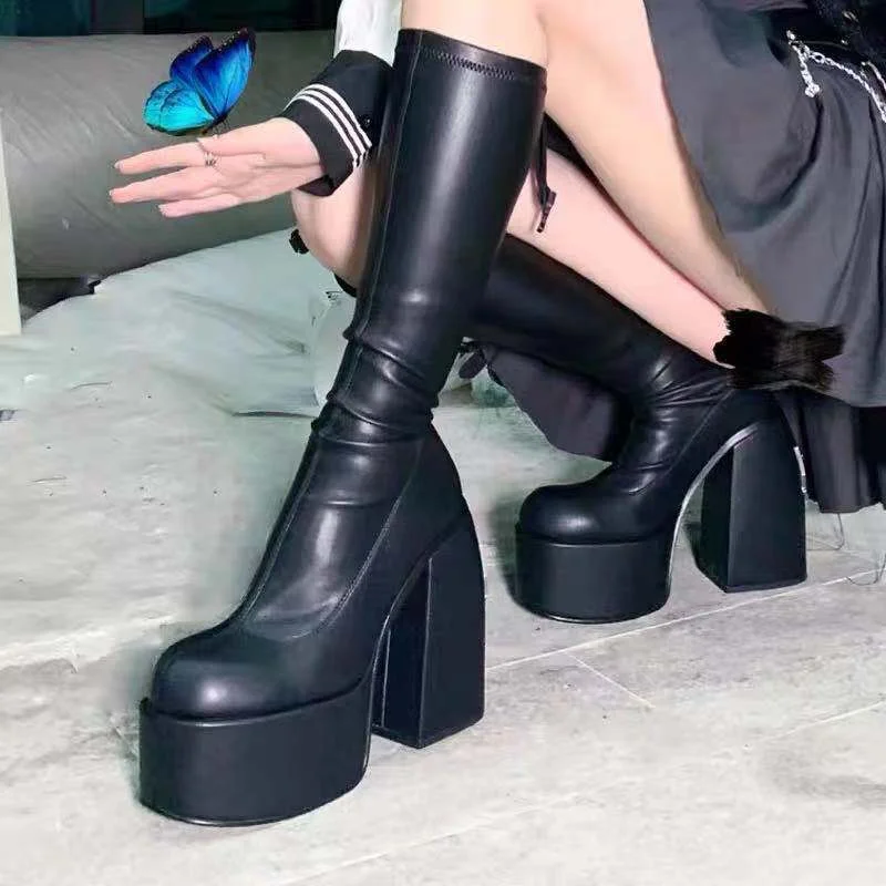 Winter Chunky Platform High Boots Party Shoes Ladies Thick Heels Elastic Micro Knee High Boots Women Punk Style botas mujer