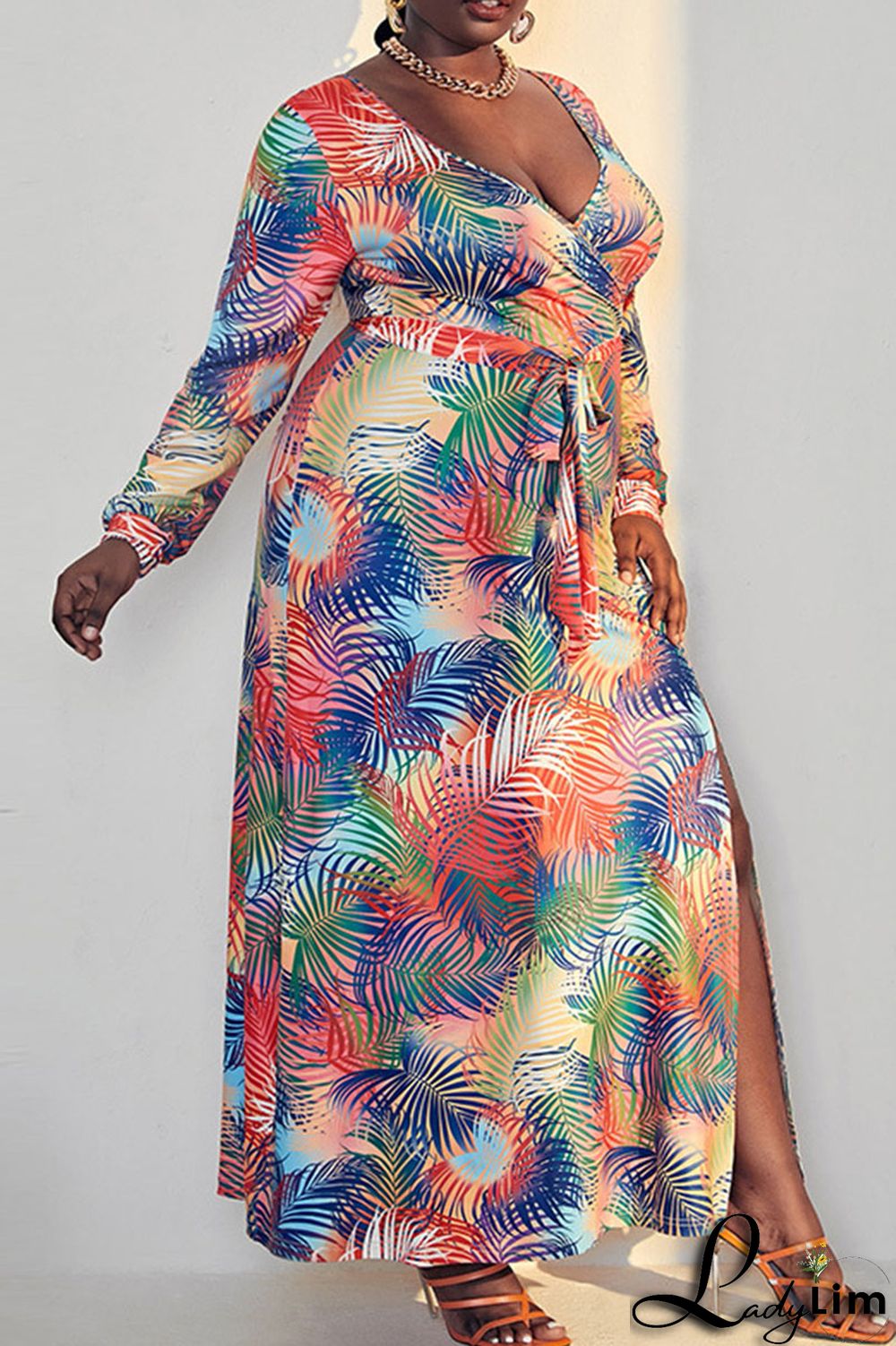 Multicolor Fashion Casual Print Bandage Split Joint V Neck Straight Plus Size Dresses