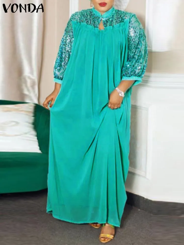 Summer Maxi Dresses Oversized Dress VONDA 2022 Elegant Women Vintage V Neck Robe Pleated Baggy Vestido Femme Patchwork Sundress