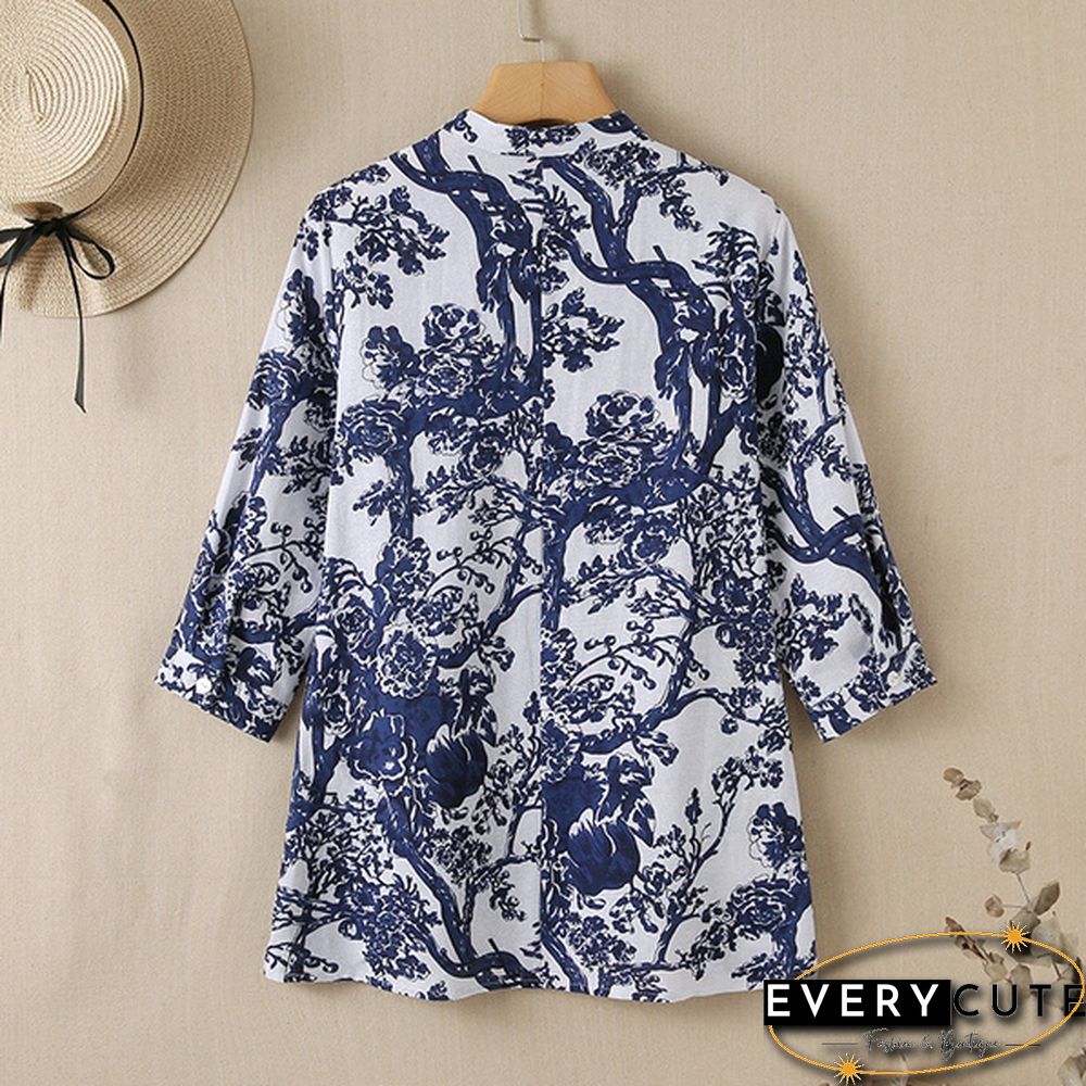 Womens Fashion Casual Cotton Top Autumn Floral Print Neck Sleeve Baggy Retro Shirt Blouse