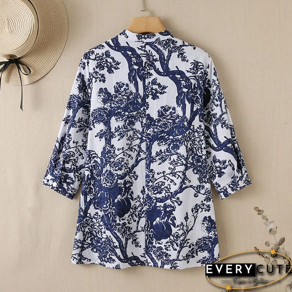 Womens Fashion Casual Cotton Top Autumn Floral Print Neck Sleeve Baggy Retro Shirt Blouse