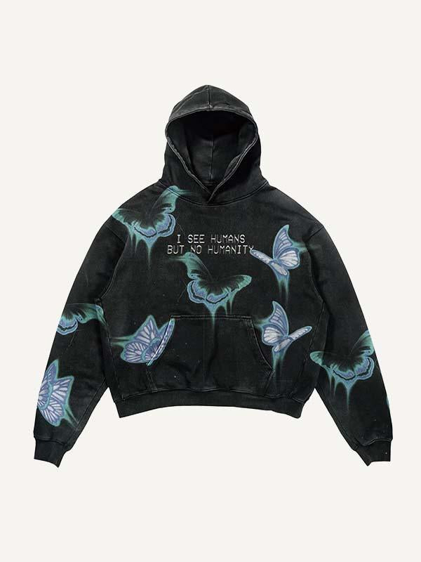 Butterfly&Letter Print Slant Pockets Hoodie