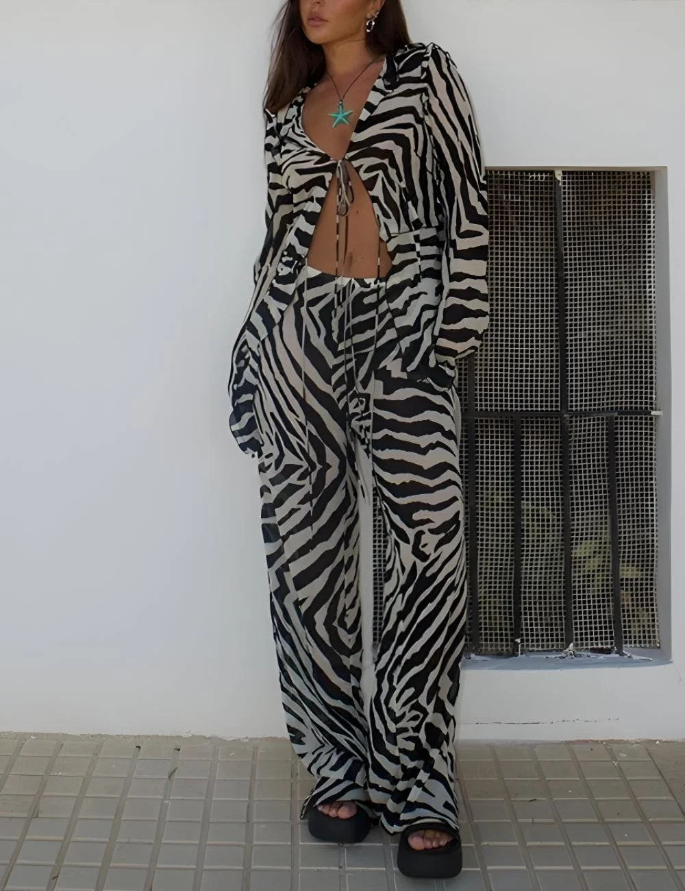 Brownm Tie Up Blouse & Pants Two Piece Set