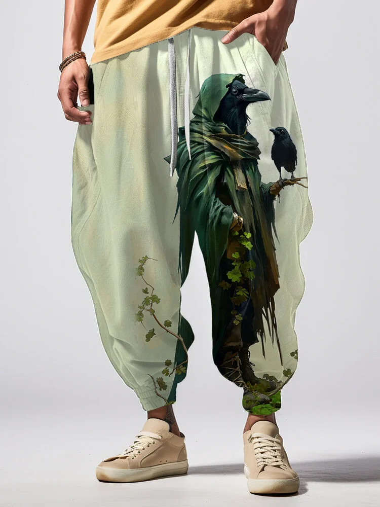 Men's Retro Mystical Crow Mage Oil Painting Loose Drawstring Waist Sweatpants