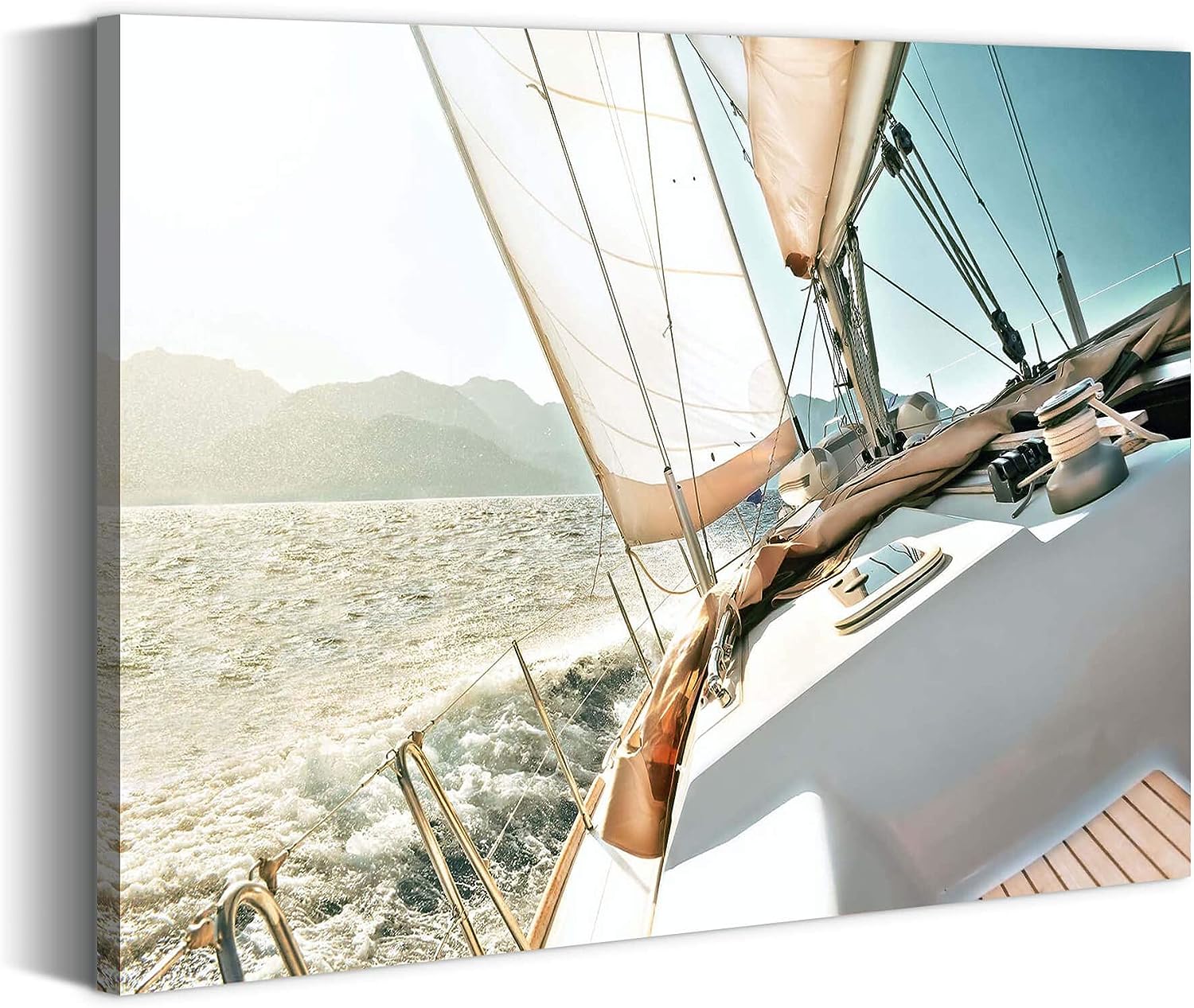 summer melody Beach Nautical Canvas Wall Art: Bedroom Sailboat Picture Sunset Ocean Yacht Print Blue Coastal Ship Canvas Sea Wave Sailing Boat Seashore Scenery Painting Seascape Skyline Artwork 24&#034;x18&#034;