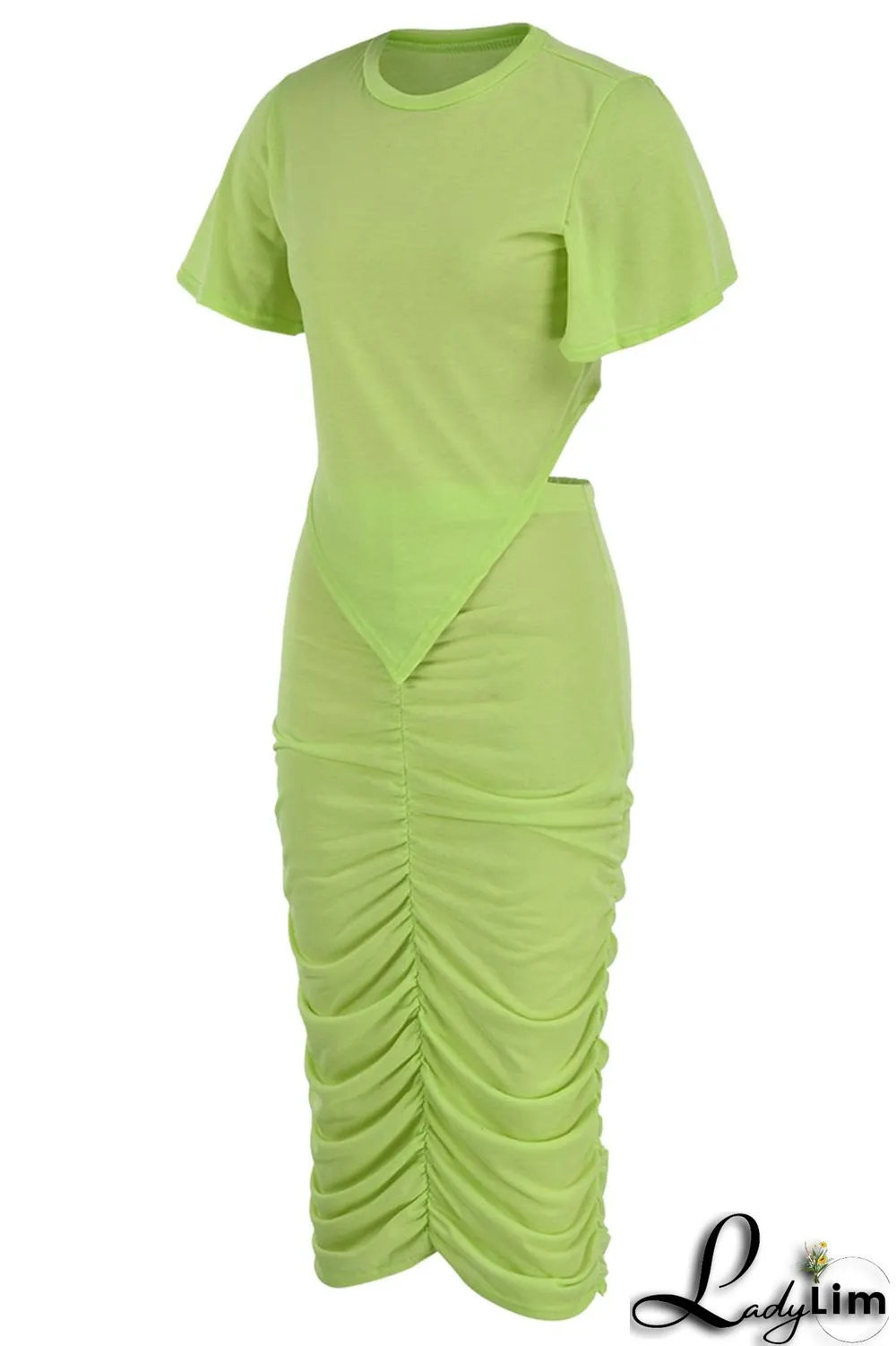 Green Yellow Casual Solid Patchwork Fold O Neck Short Sleeve Two Pieces