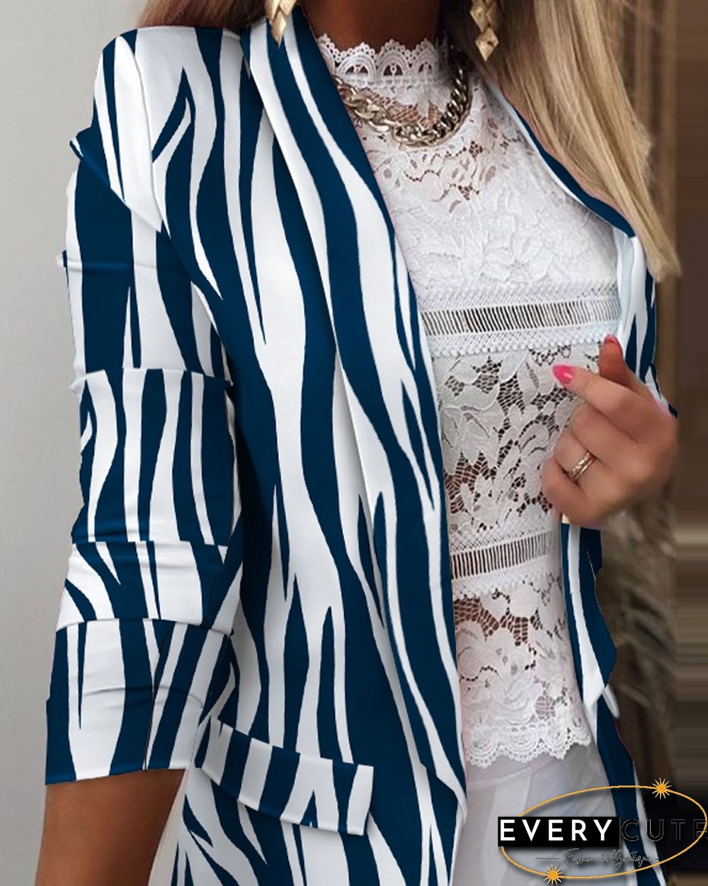 Zebra Stripe Shawl Collar Open Front Flap Detail Blazer