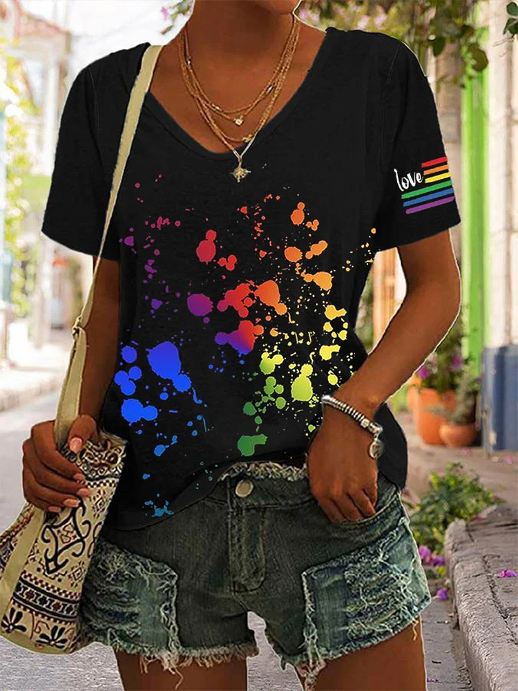 Comstylish Women's LGBT Pride Month Love Wins Print Short Sleeve V-Neck T-Shirt