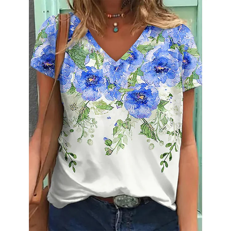 Women Casual Loose Short Sleeve Top Floral Art Painting T Shirt V Neck T-shirt Retro Blouse