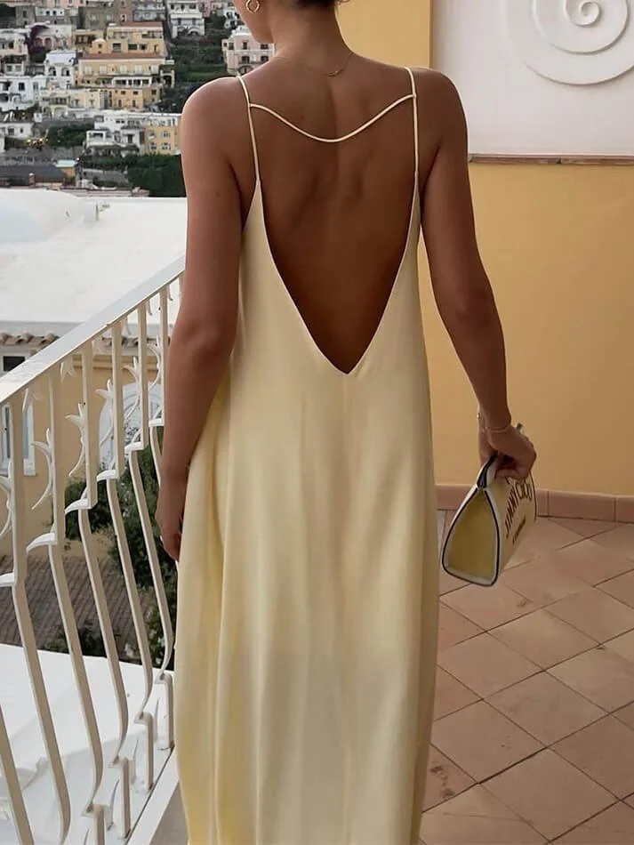 Brownm Vintage Backless Holiday Long Dress with Round Neck