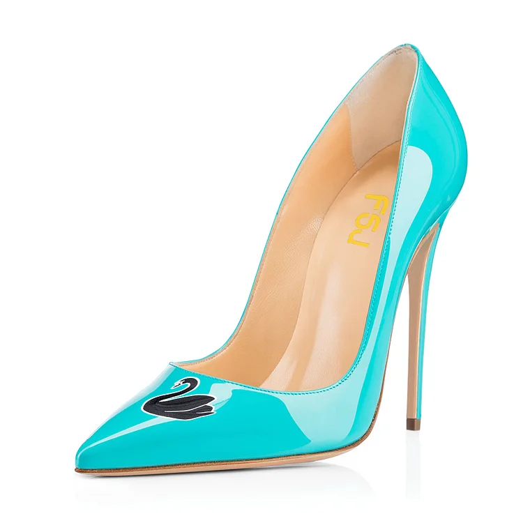 Women's Turquoise Swan Floral Office Heels Pointy Toe Stiletto Heels Pumps |FSJ Shoes