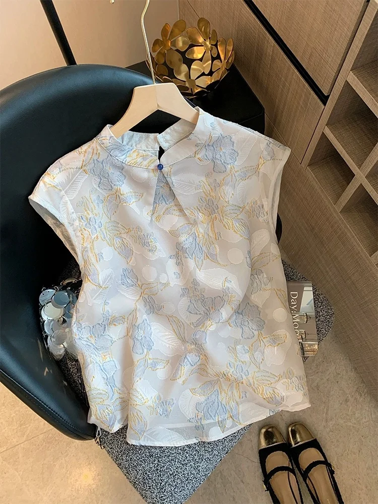 Athvotar Athvotar Chinese Collar Buckle Embroidered Jahua Sleeveless Shirt Women 2025 New Zen Age Reduction Chic Vest Top