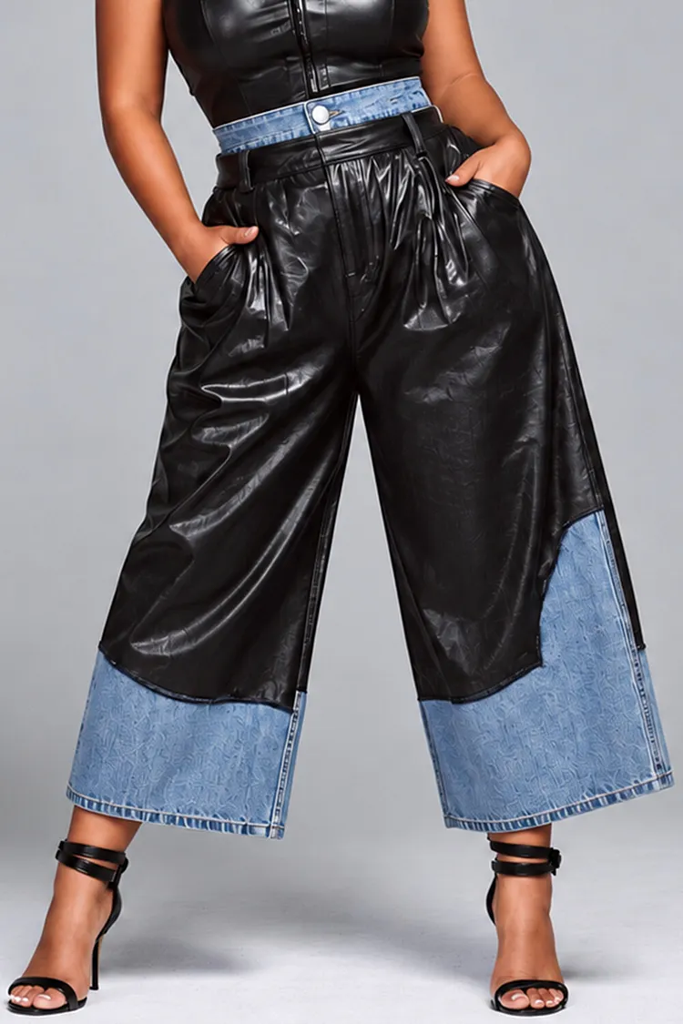 Xpluswear Design Plus Size Business Casual Denim Black Patchwork Contrast Pocket PU Leather Pants [Pre-Order] 2024 - Xpluswear