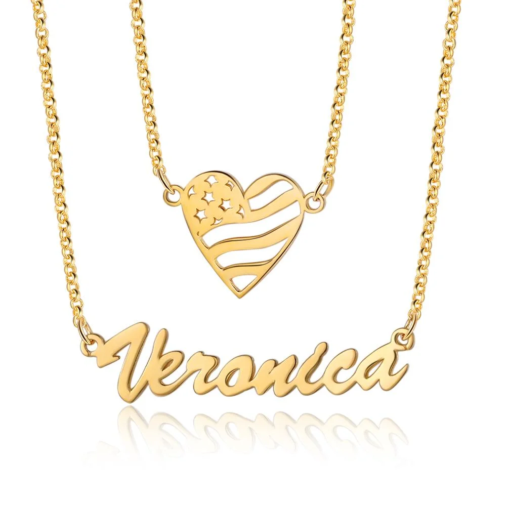Personalized Name Custom Necklace Double Chain with Heart Pendant