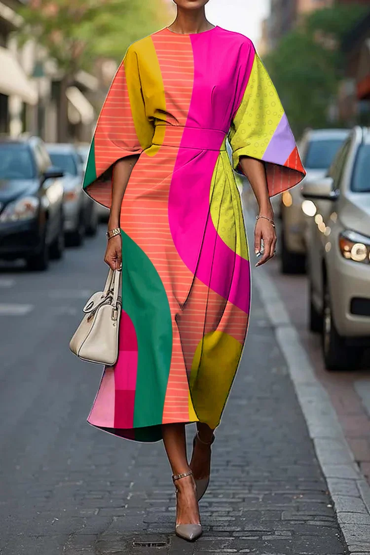 Women's Elegant Geometric Abstract Art Print Midi Dress