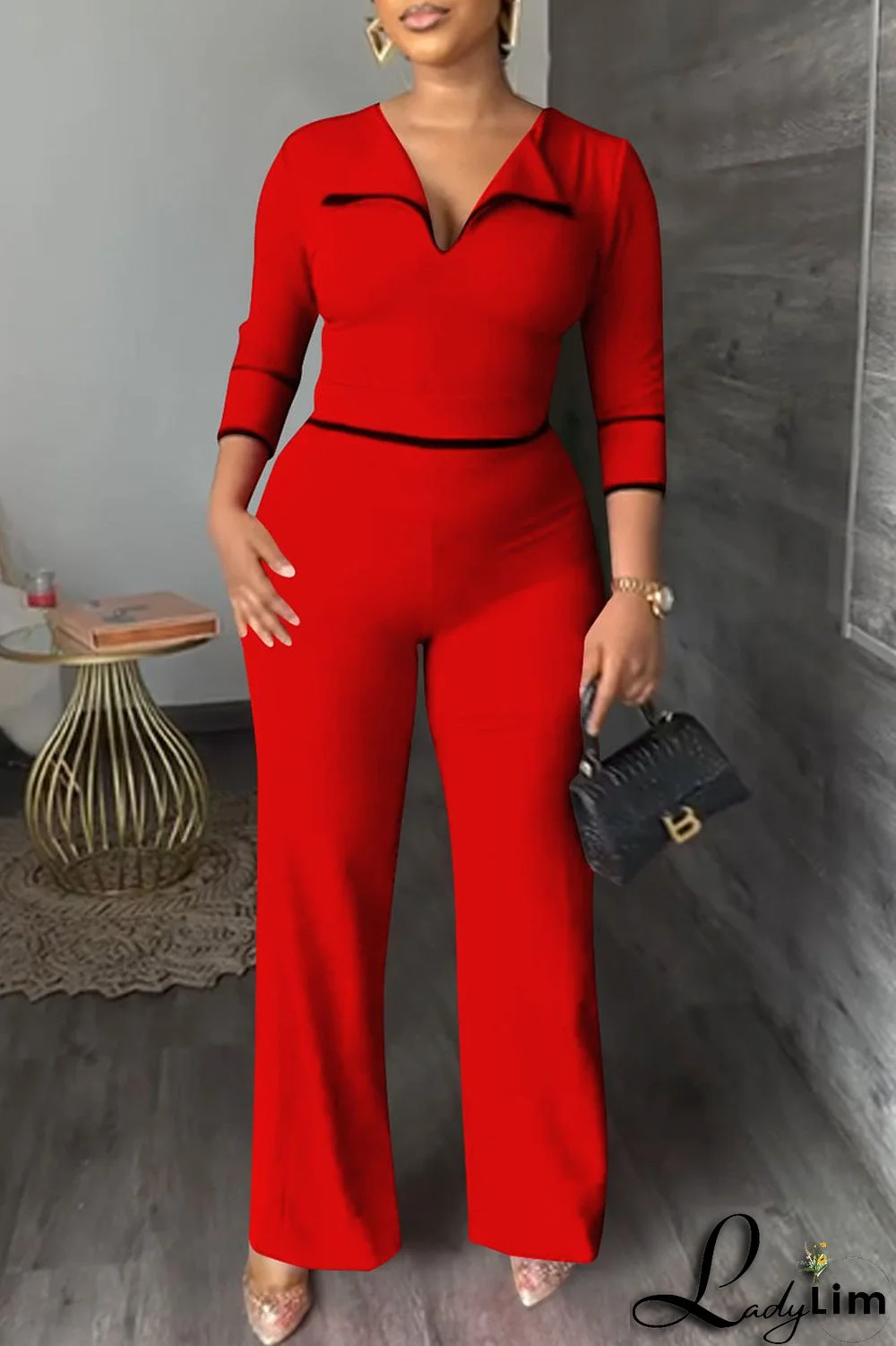 Red Fashion Casual Solid Patchwork Turndown Collar Regular Jumpsuits