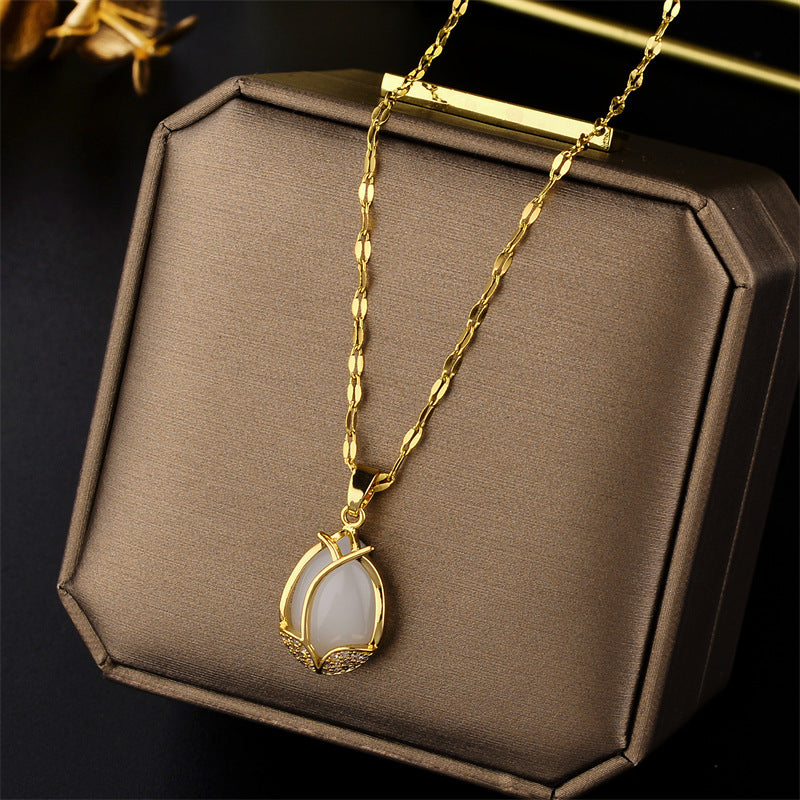 Golden Tulip Titanium Steel Necklace Female Fashion Clavicle Necklace Trendy Female Micro Inlaid Cat'S Eye Stone Full Diamond Accessories