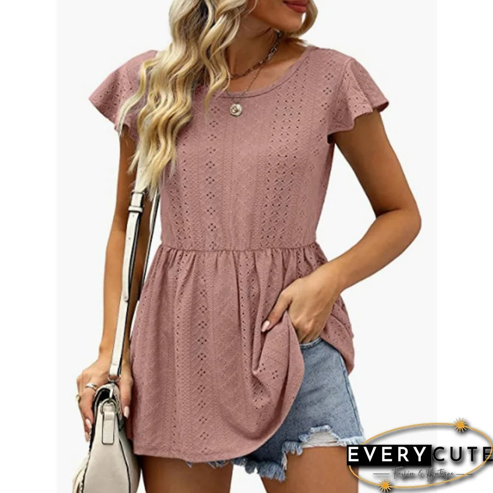 Duty Pink Hollow-out Ruffle Sleeve Tunic Top