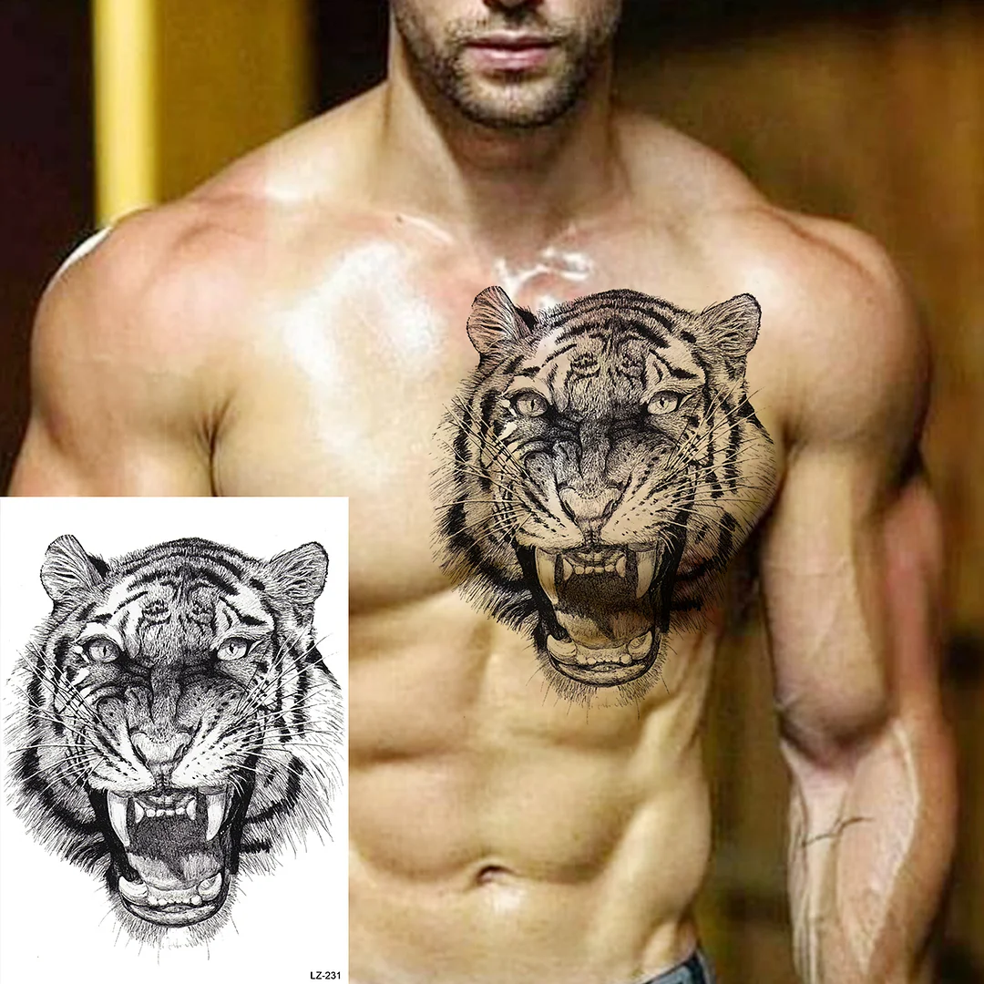 Sdrawing High Quality Lion Tiger Temporary Tattoos For Men Boys Realistic Fake Black Waterproof Tattoos Decal For Adult Party Supplies