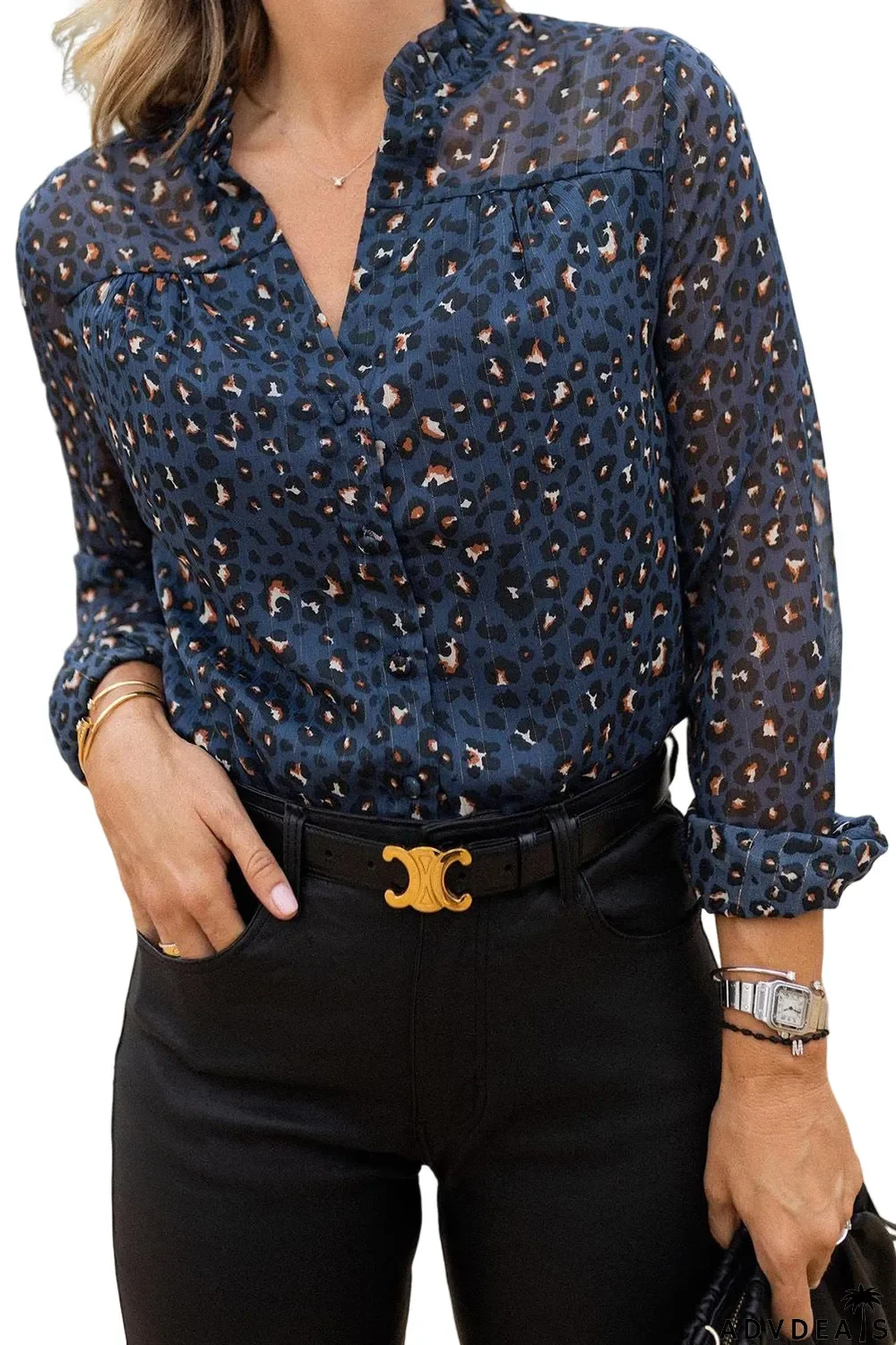 Blue Leopard Sheer Button Front Long Sleeve Shirt