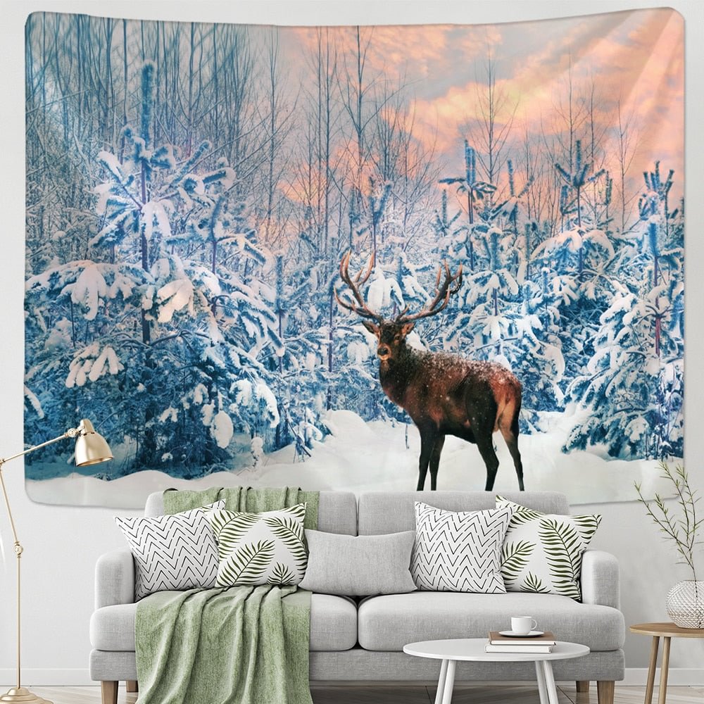Xmas Tapestry Home Wall Hanging Polyester Reindeer In The Snow Animal Landscape Natural Forest Printed Large Wall Tapestry