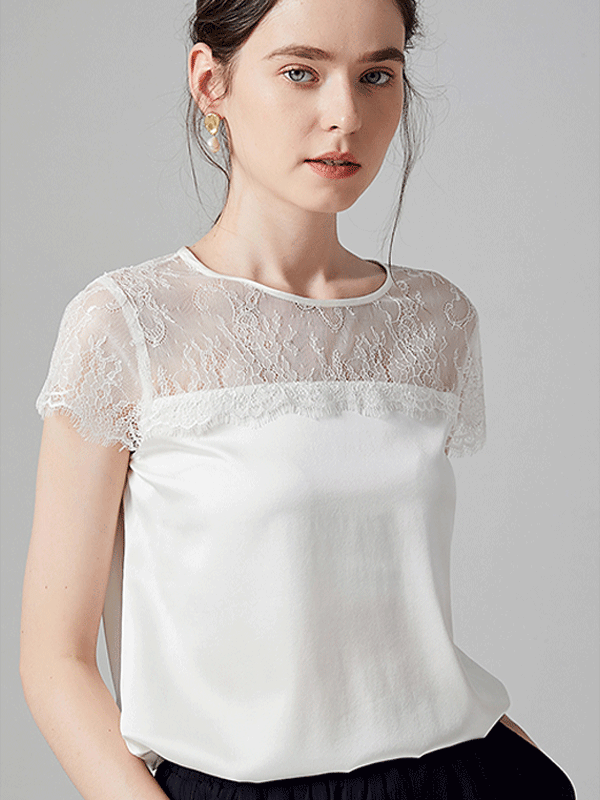 Elegant Round Lace Neck Silk Tee Unisize REAL SILK LIFE